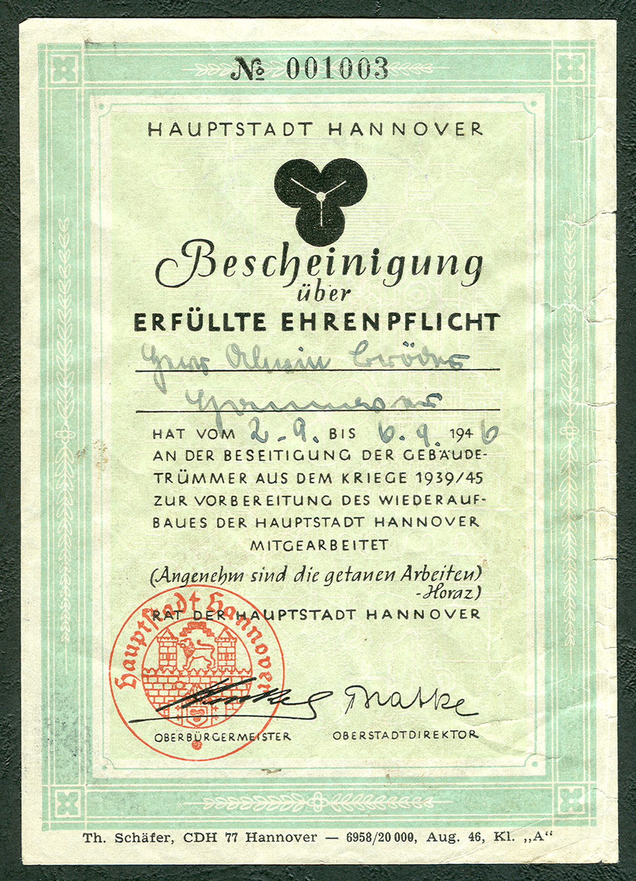 Bescheinigung Über Erfüllte Ehrenpflicht Hannover Trümmerfrauen 1946